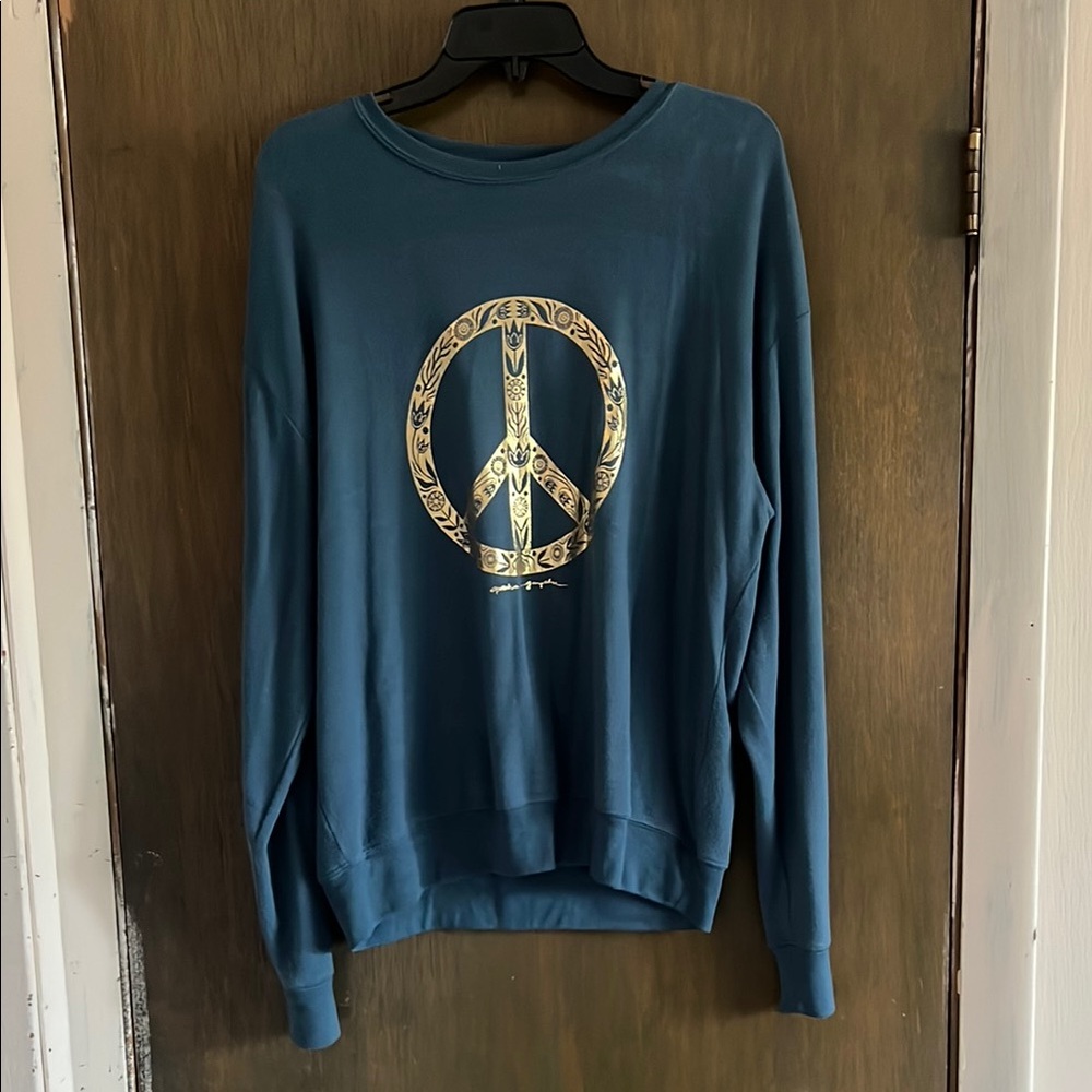 Spiritual Gangster Blue and Gold Crewneck Sweater with Peace Sign